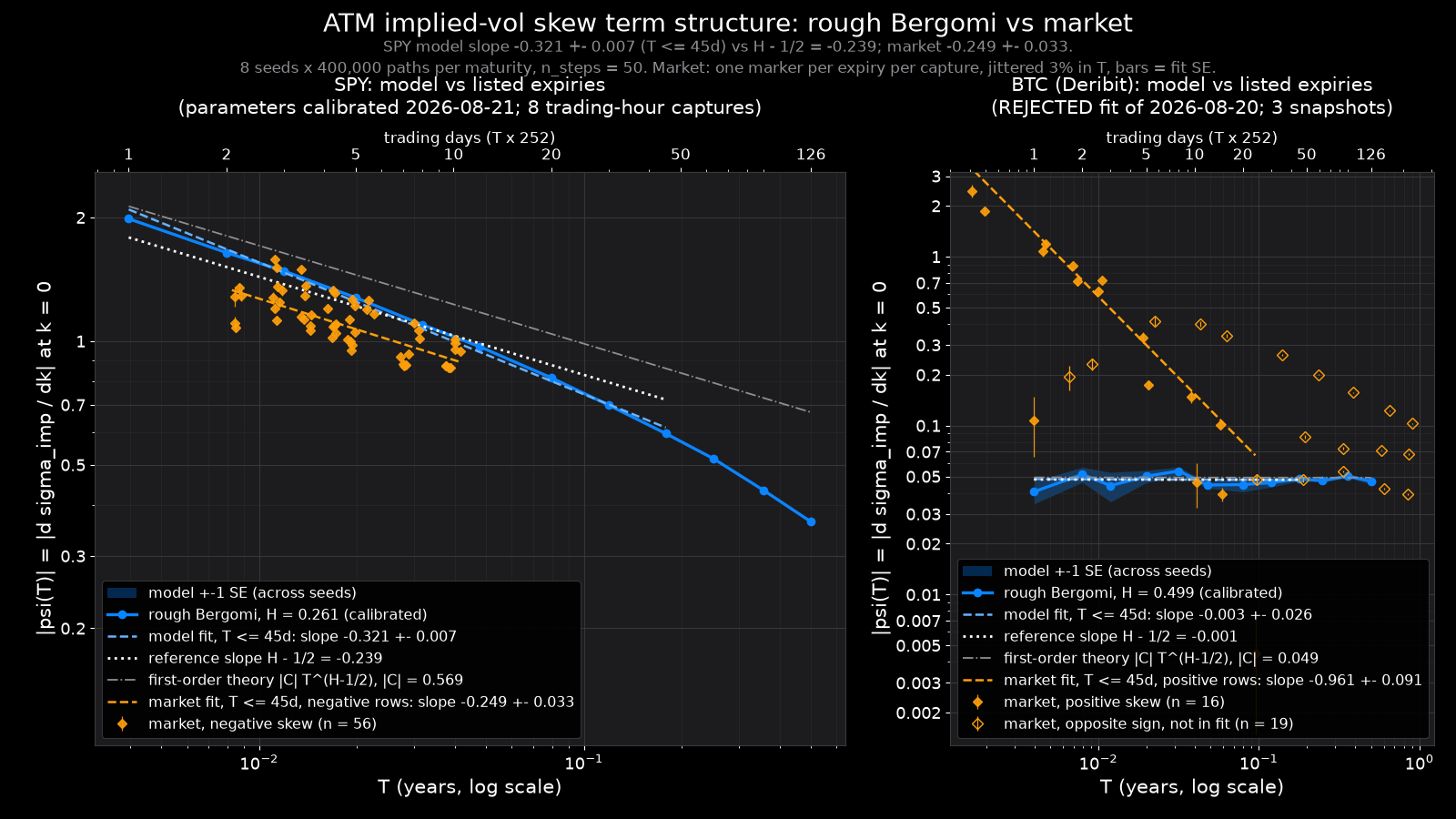 Log-log plot of the at-the-money implied-volatility skew against maturity: rough Bergomi model curve with Monte Carlo error band, SPY market points from listed expiries, fitted power laws and the H minus one-half reference slope; Bitcoin panel alongside